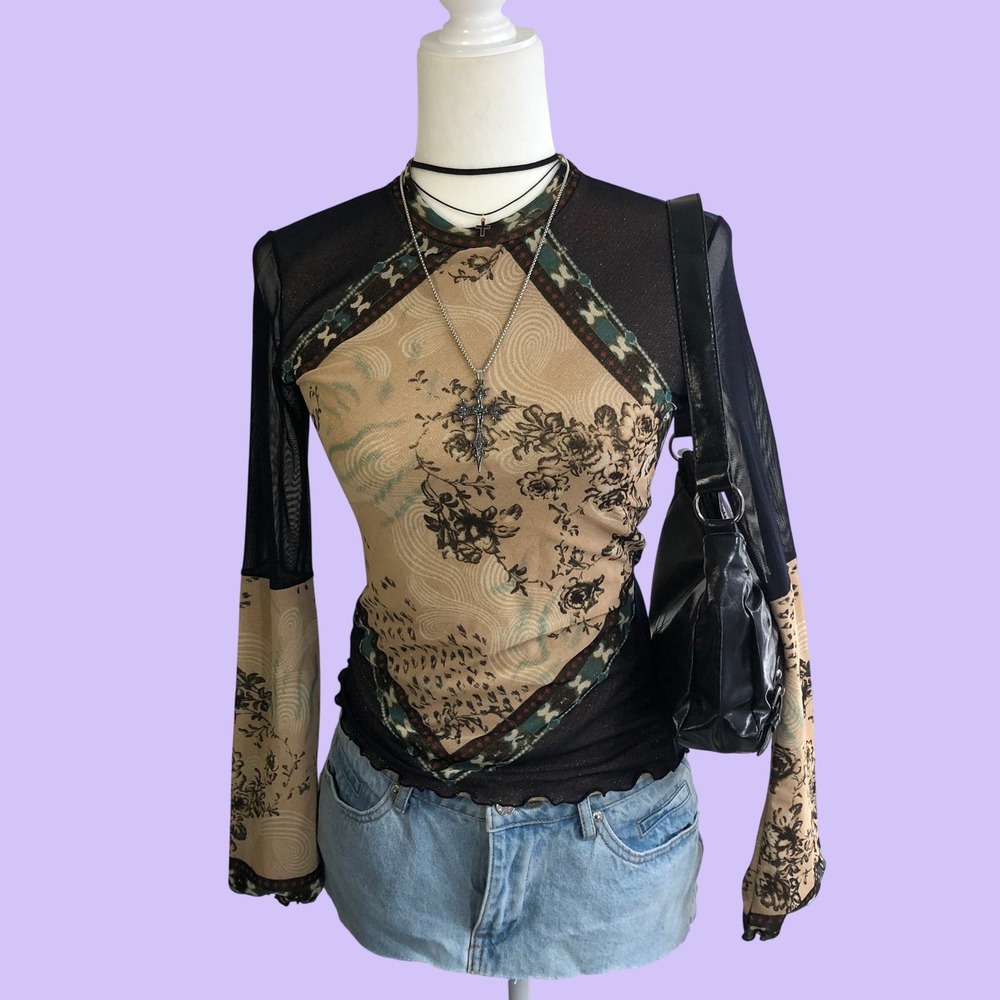 Vintage Y2K ANAC Sheer Mesh Top Printed Graphic Patchwork Whimsigoth Fairy S
